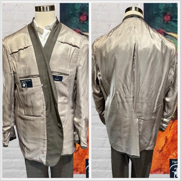 Hart Schaffner Marx Mens 52L 44x34 Taupe Gray Ice Blue Plaid Suit U.S.A. - Picture 8 of 16